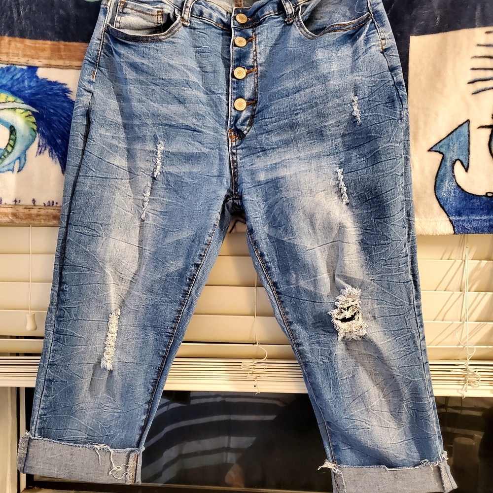 Distressed Blue Jeans with Button Fly